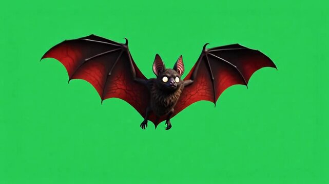 Animation cute flying red bat on green screen background.