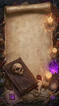 A mystical scene featuring an empty scroll with candles and magical elements.