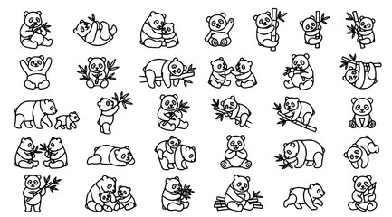 Professional cartoon panda vector set with adorable baby bears bamboo parent and cub wildlife animal illustrations isolated on white background © MdBarat
