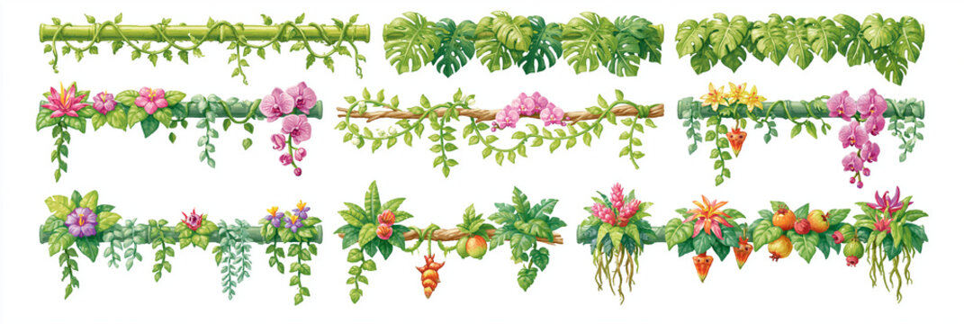 Colorful botanical borders featuring tropical vines and vibrant flowers.