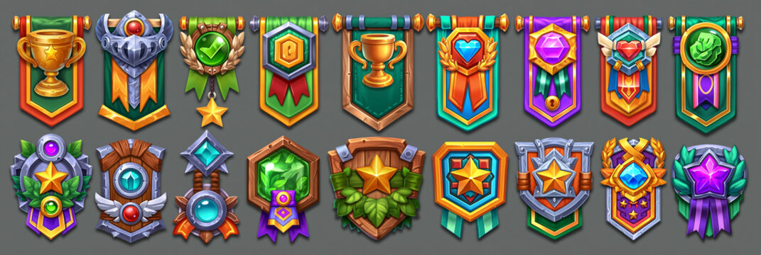 Colorful collection of various game achievement badges and trophies.