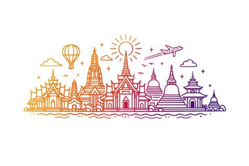 Fototapeta premium Colorful line art of a cityscape with temples, plane, and hot air balloon.