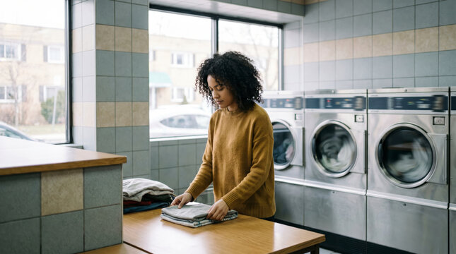 Focused woman folding laundry beside washing machines in a bright laundromat