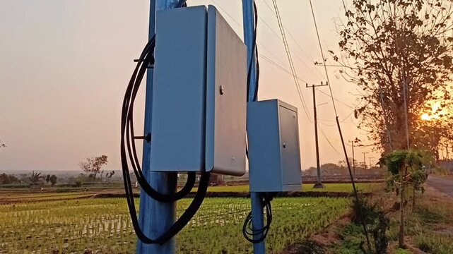 Electricity meter in a rice field area. 4K video.