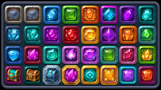 Colorful game assets featuring various gems and treasures for UI design.