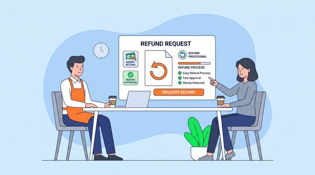 And customer reviewing an approved refund request on a digital screen in a cafe environment