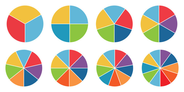 Colorful pie charts with varying segments. Circle division on from  3-10 equal parts. Template for cycle diagram, graph, presentation and round chart.