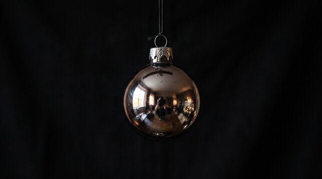 A single reflective Christmas ornament hangs against a dark background, capturing a room's interior in its surface