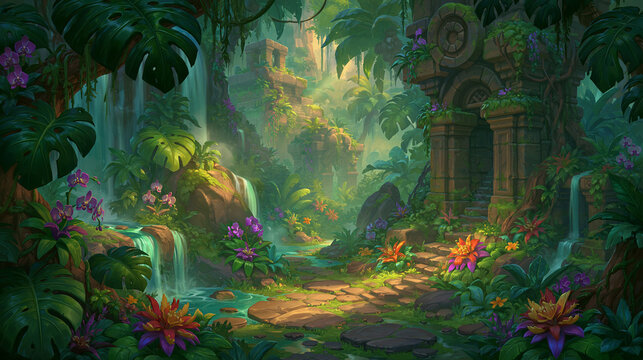 A serene jungle landscape with vibrant flowers and gentle waterfalls.