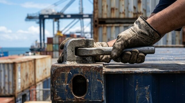 Locking a container's twist lock lever firmly before a crane begins the next lift