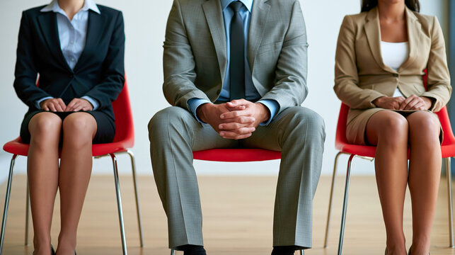 Three job candidates sitting in chairs waiting for interview in office lobby wearing professional business attire