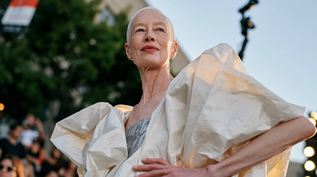 An elderly runway model with silver cropped hair walks a twilight blue hour outdoor catwalk wearing architectural garments inspired by gentrified neighborhood aesthetics, her commanding presence tra