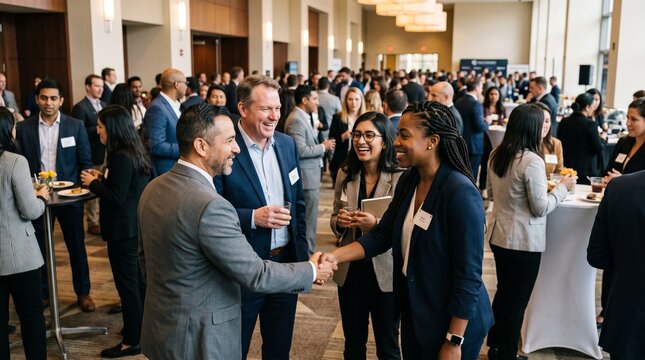 Diverse professionals networking and shaking hands at a business event reception