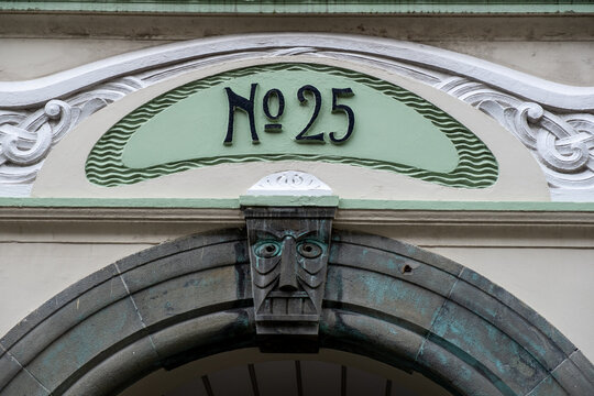 Art Nouveau Doorway with Grotesque Face Keystone and Number 25, &Aring;lesund, Norway