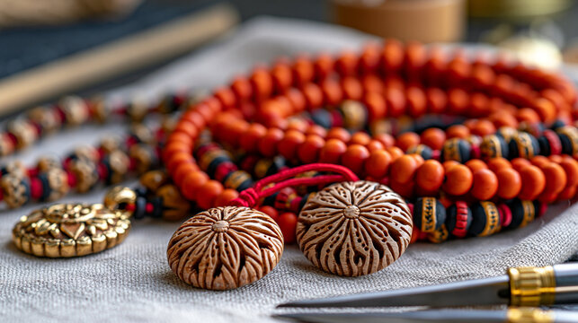 Delicate handcrafted prayer beads and carved wooden pendants arranged on a linen cloth under overcast dramatic sky, jewelry design tools nearby, the still life evoking Buddhist monastery artisan cra