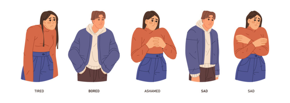 Man and woman expressing different emotions, gesturing and posing. Vector isolated teenagers with facial expressions of tiredness, boredom and shame. Ashamed and sad, bored and tired girl and boy