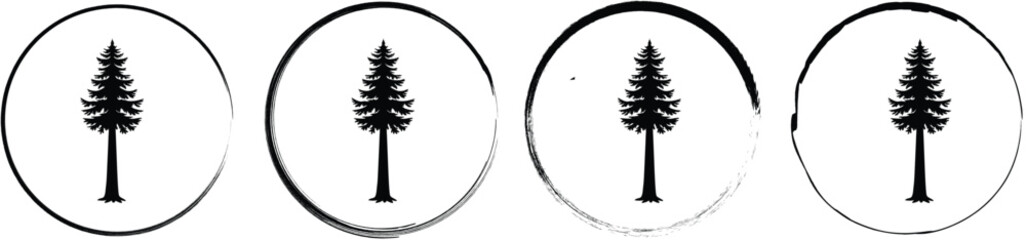Four circular featuring a silhouette of a tall coniferous tree, presented on a white background, in black ink, stamp style © SilhouetteStore