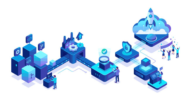 DevOps Software Development Pipeline Isometric Illustration