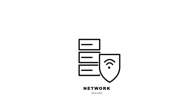 Animated Network Security Icon Featuring Server Rack and Shield with Wireless Signal.