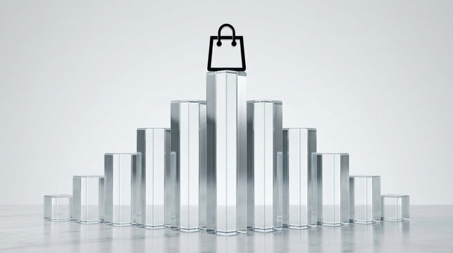 Shopping bag on top of glass bar chart symbolizing retail growth and tech advancement in e commerce industry success and innovation
