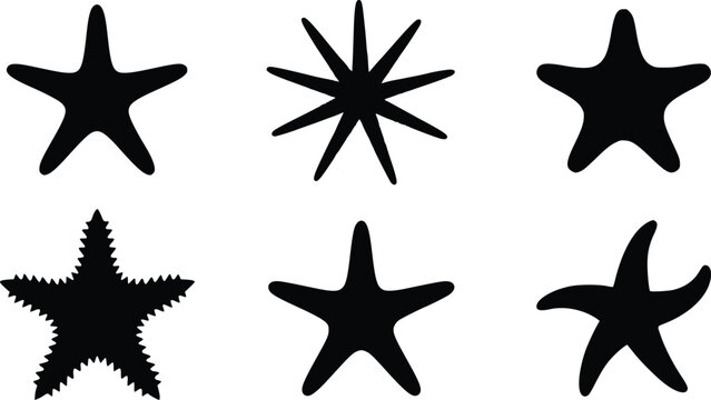 Set of six black starfish silhouettes isolated on a white background for marine and ocean design isolated on white background