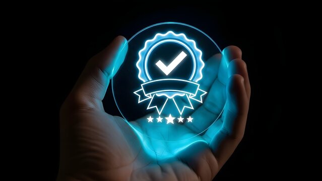 Glowing badge icon with check mark and stars, representing quality assurance, standard certification, and guarantee service in hand.