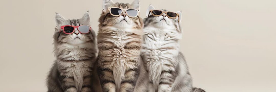 Three cats in sunglasses posing together website banner with copy space for text