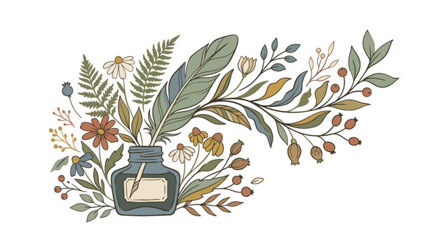 Vintage inkwell pen feather quill with botanical floral arrangement illustration