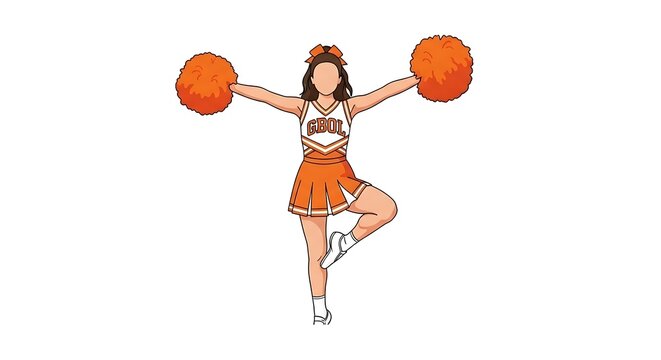 High school cheerleader in orange uniform with pom poms
