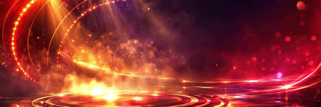 Swirling red and golden light trails illuminate an empty performance stage website banner