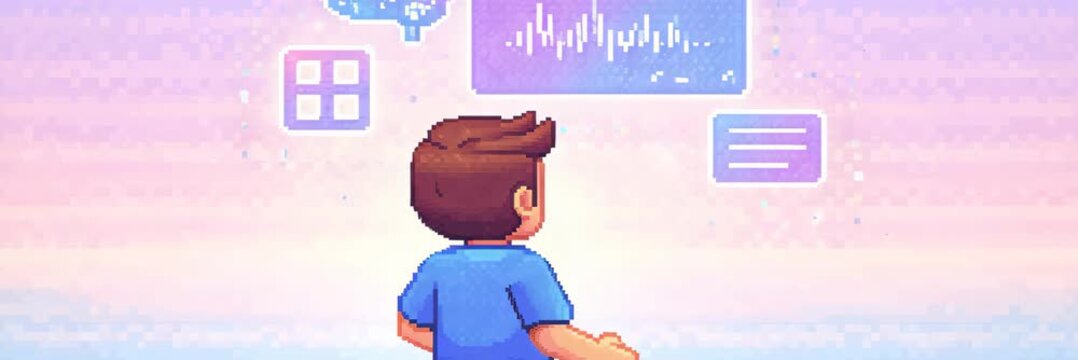 Pixel art boy interacting with holographic interface for digital learning and AI website banner