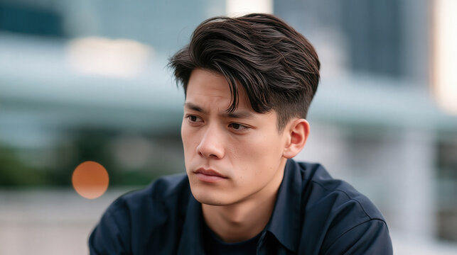 Young Asian man with thoughtful expression looking away in urban setting wearing navy blue shirt