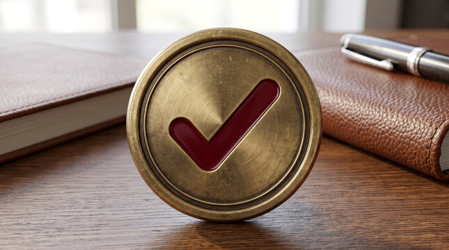 Golden circular button featuring a red checkmark symbol sitting on an elegant textured wooden desk surface
