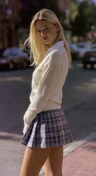 Young blonde woman in preppy outfit with plaid skirt and cream sweater standing on urban street in golden sunlight