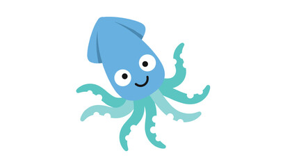 Fototapeta premium Cute cartoon blue squid with large friendly eyes and green tentacles smiling happily on a pure white background.