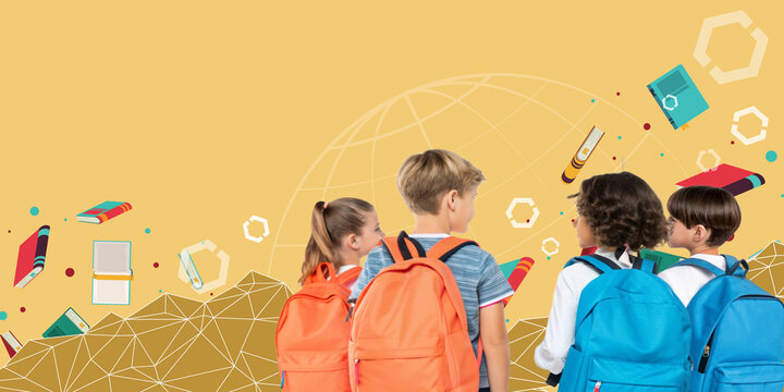 Learning and friendship with classmates going back to school with a colorful backpack and school supplies