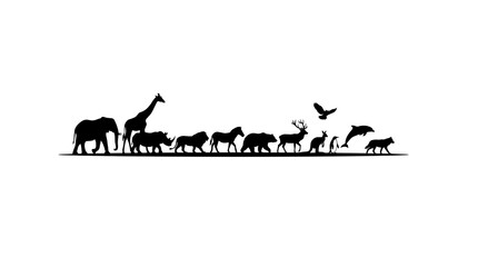 Fototapeta premium Silhouette Safari: A majestic procession of wild animals, from towering elephants and giraffes to rhinos, lions, zebras, bears, deer, rabbits, and foxes.