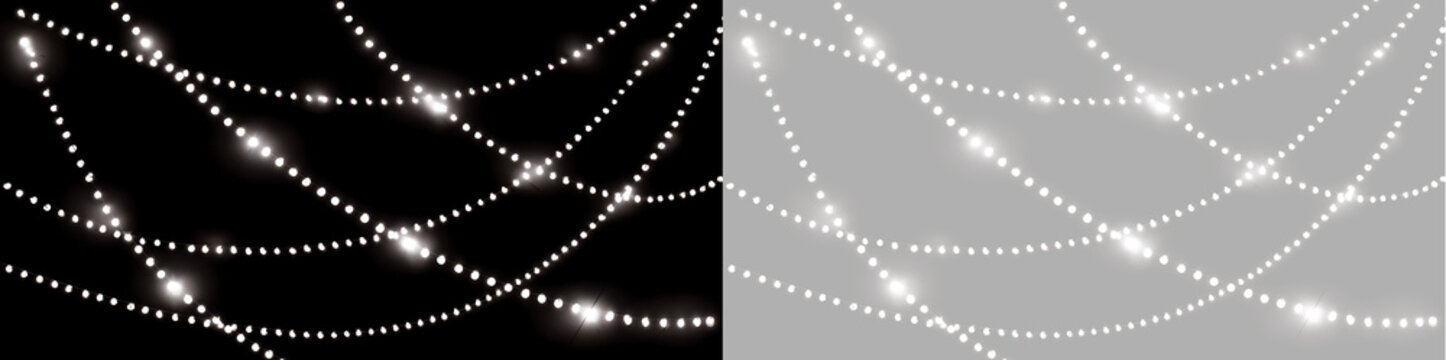 Criss cross white string lights overlay with bright glowing flares. Draped Christmas fairy light garland on transparent background. Festive illumination background