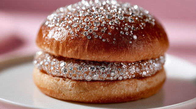 Luxury burger with glossy brioche bun and sparkling crystals on a soft pink background.