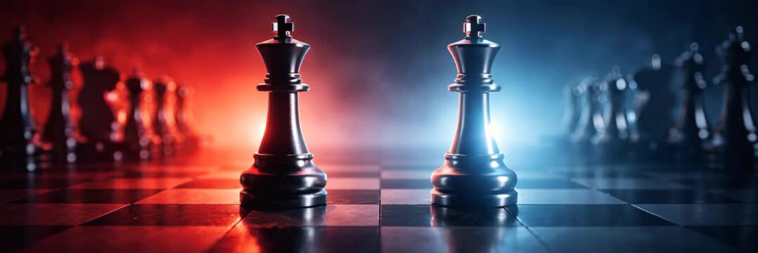 Opposing chess kings face each other on board for strategic competition website banner
