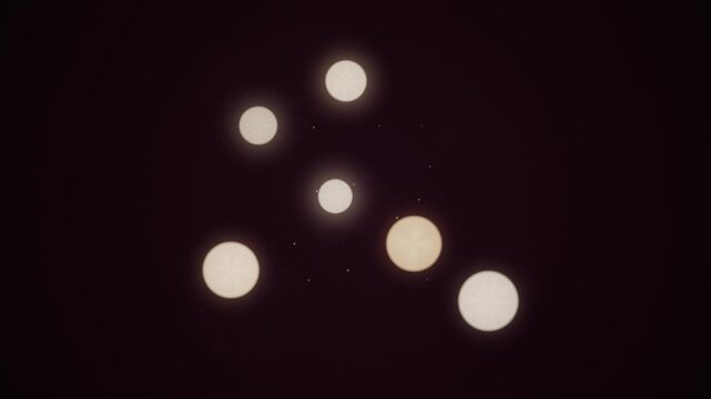 Abstract glowing circles float in a dark void as an atmospheric background.