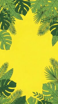 Tropical green leaves framing a bright yellow background, seamless botanical border with palm and monstera foliage sliding across the scene