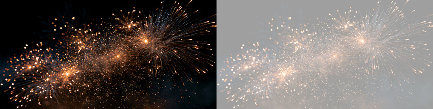 Bright golden fireworks burst overlay on transparent background. Wide banner of sparkling pyrotechnic lights for new year celebration
