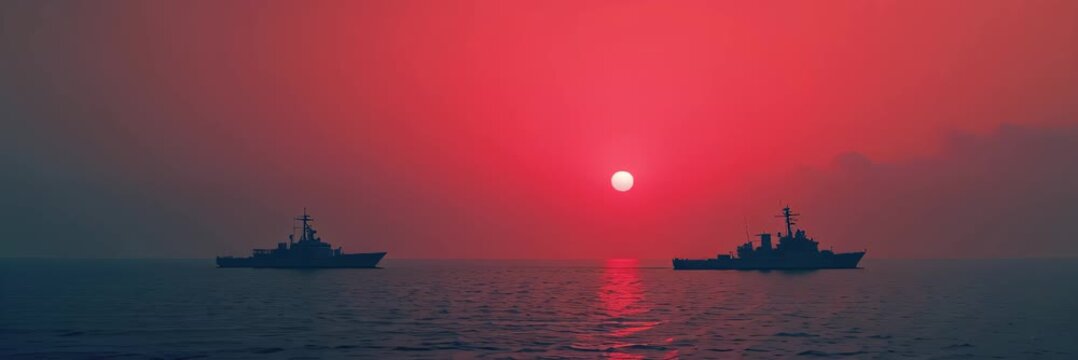 Two naval patrol ships sailing at red sunset for maritime security website banner with copy space for text