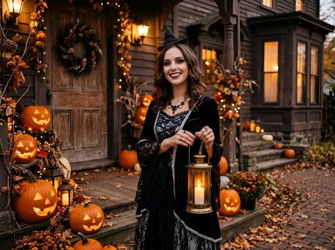 Woman smiling with lantern in autumn decor