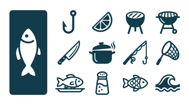Flat icon set featuring fishing and seafood preparation elements such as fish symbols, a hook, lemon slice, BBQ grills, knife, steaming pot, fishing rod, net, salt, and ocean wave.