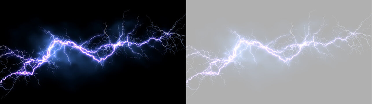 Intense electrical lightning bolt with glowing purple and blue light. High voltage discharge effect