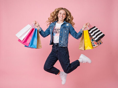 Happy woman jumping with shopping bags