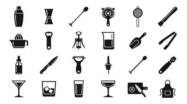 Bartender equipment and cocktail barware tools vector icons set, mixology accessories collection with shaker jigger strainer opener glasses black silhouette design