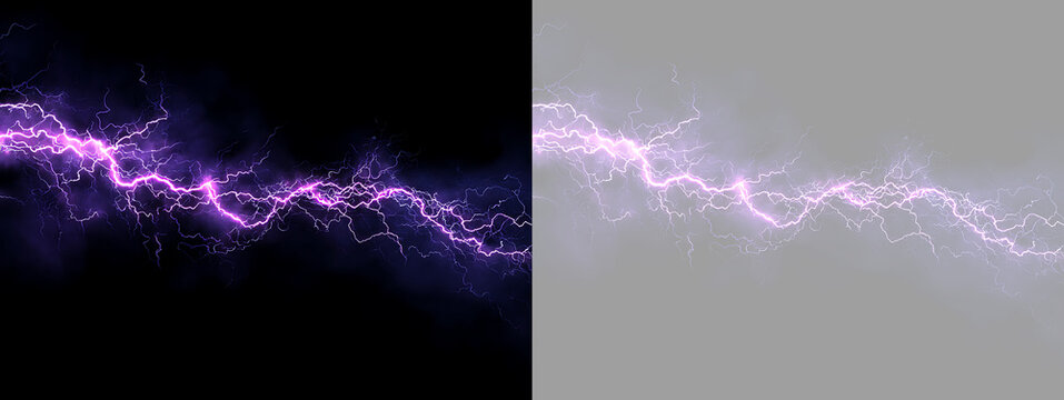 Purple lightning bolt discharge on black and transparent background. Electric spark overlay for design